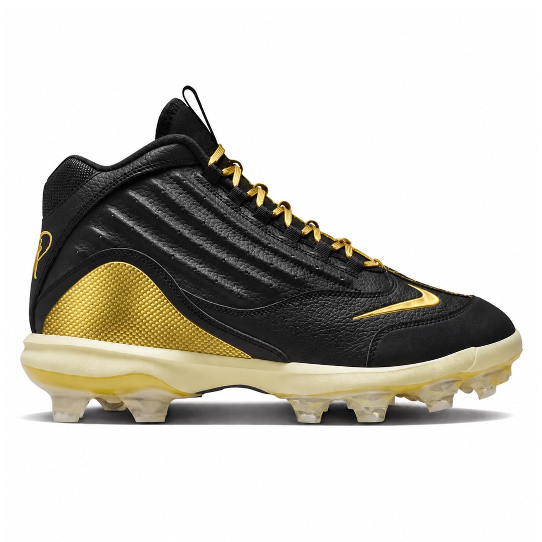 Black Nike Griffey 2 MCS baseball cleats with metallic gold accents gold laces and translucent outsole side view by Stadium Custom Kicks