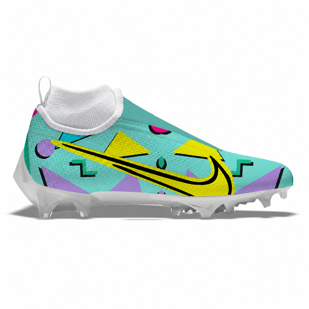 Teal Nike Vapor Pro 360 football cleat featuring a colorful ’90s-inspired geometric design with neon yellow, purple, pink, and black accents, a white sockliner, and white sole.