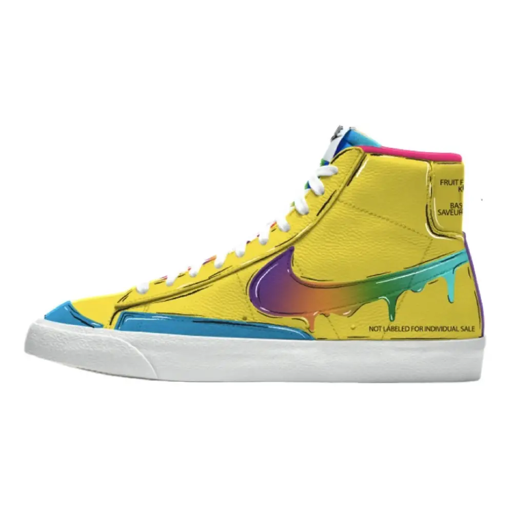 Yellow high-top Nike Blazer Mid sneaker with rainbow accents from 90s Snack Pack collection
