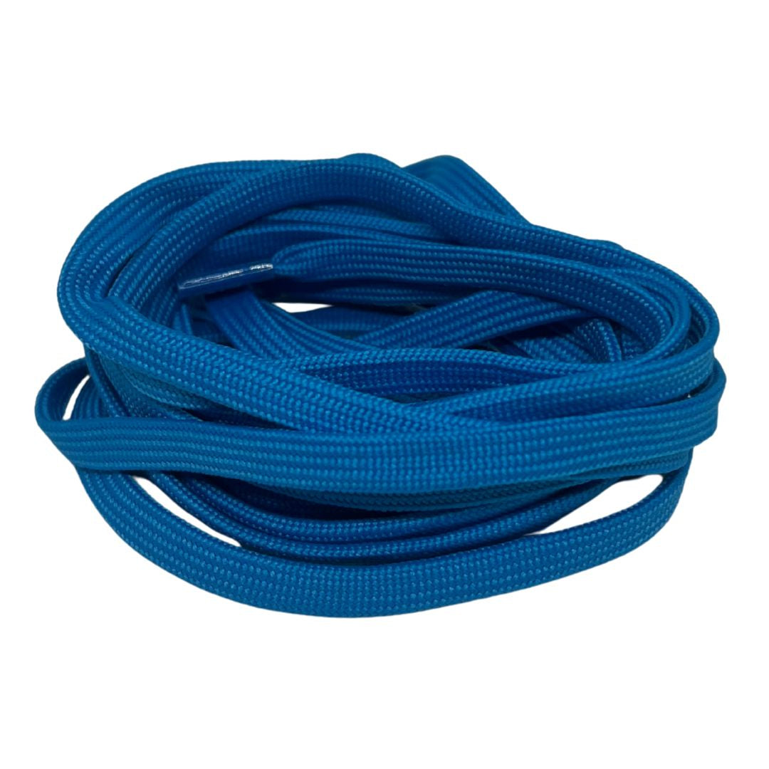 Coiled blue shoelace on a white background.