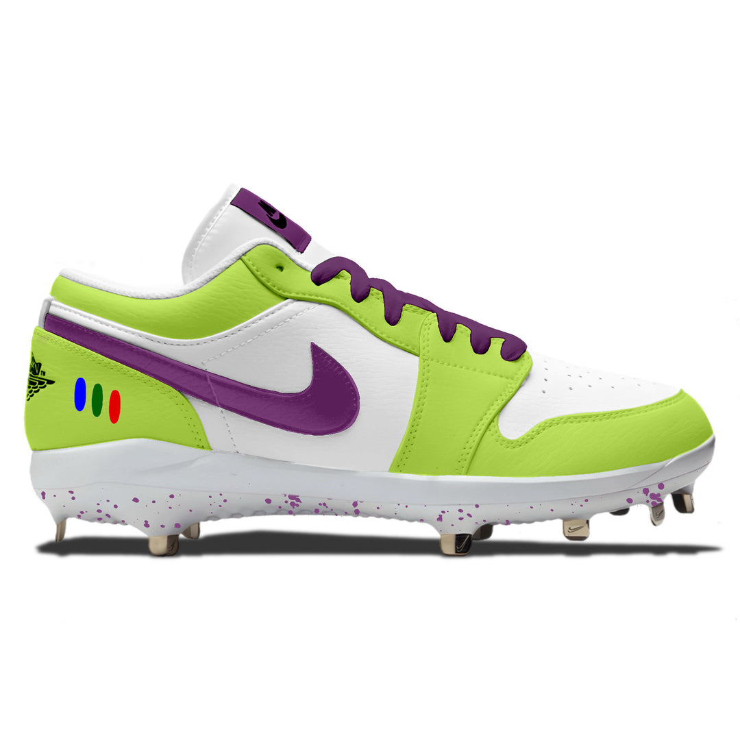 Custom lime green and white Jordan 1 Retro low baseball cleats with purple Swoosh, purple laces, and multicolor dot detail on heel by Stadium Custom Kicks