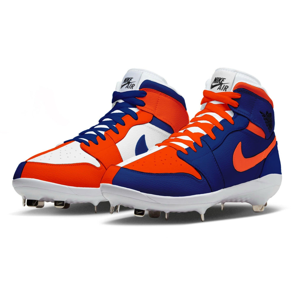 Orange and blue high-top cleats with Nike logo on a white background