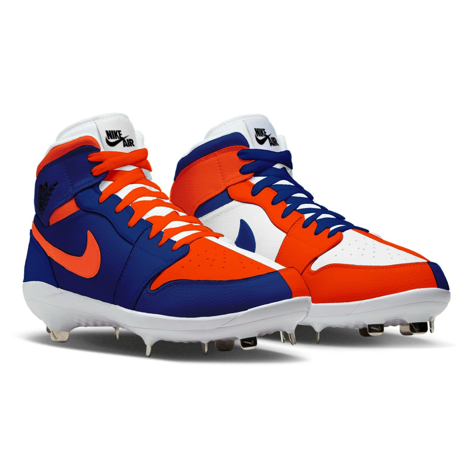 Blue and orange cleats with white accents on a white background