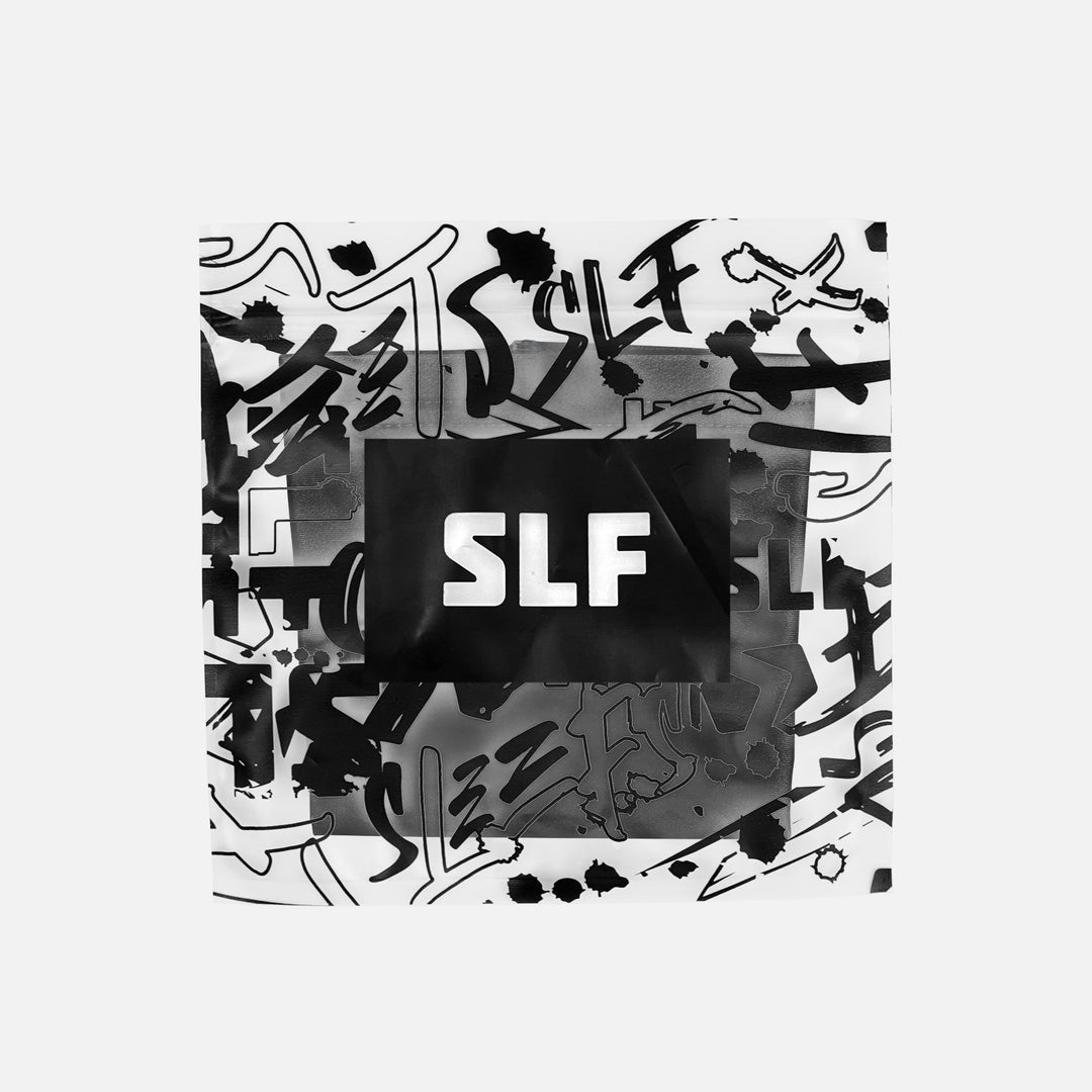 Black and white abstract design with 'SLF' branding on a light gray background