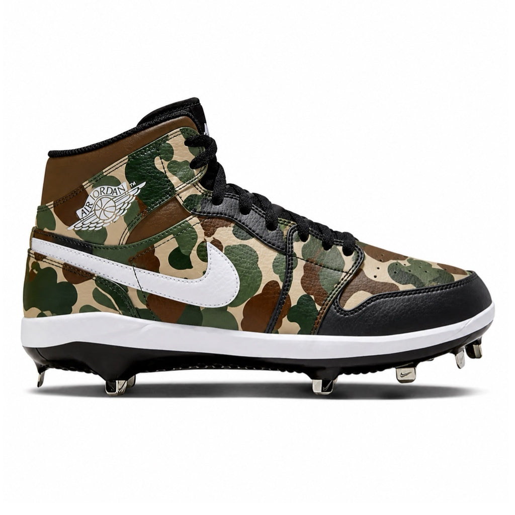 Camouflage-patterned cleated shoe with a white Nike logo on a white background