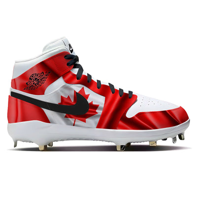 Air Jordan 1 retro baseball cleats featuring a waving Canadian flag design in red and white with a maple leaf and metal cleats.