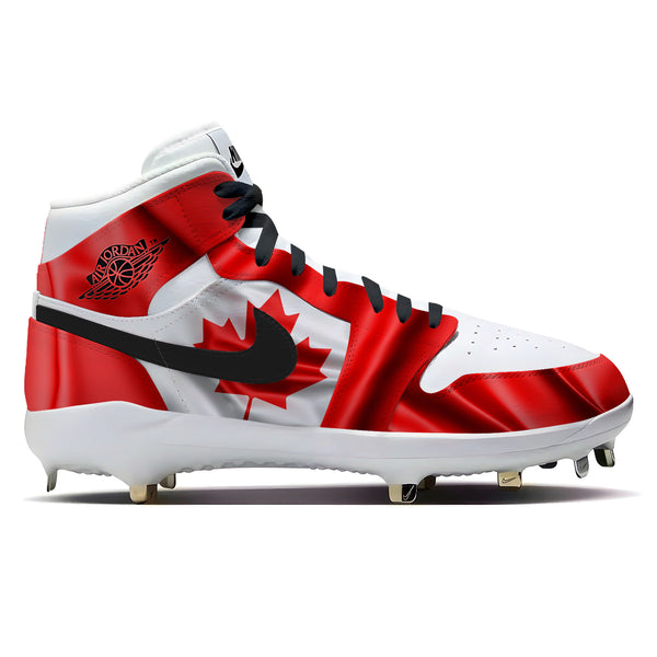 Air Jordan 1 retro baseball cleats featuring a waving Canadian flag design in red and white with a maple leaf and metal cleats.