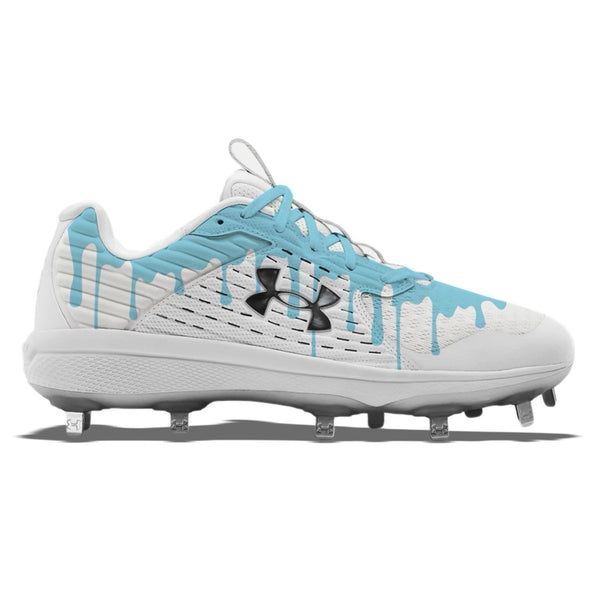 Under Armour Yard MT baseball cleats in white with Carolina blue drip paint design, metal spikes, and black UA logo by stadium custom kicks