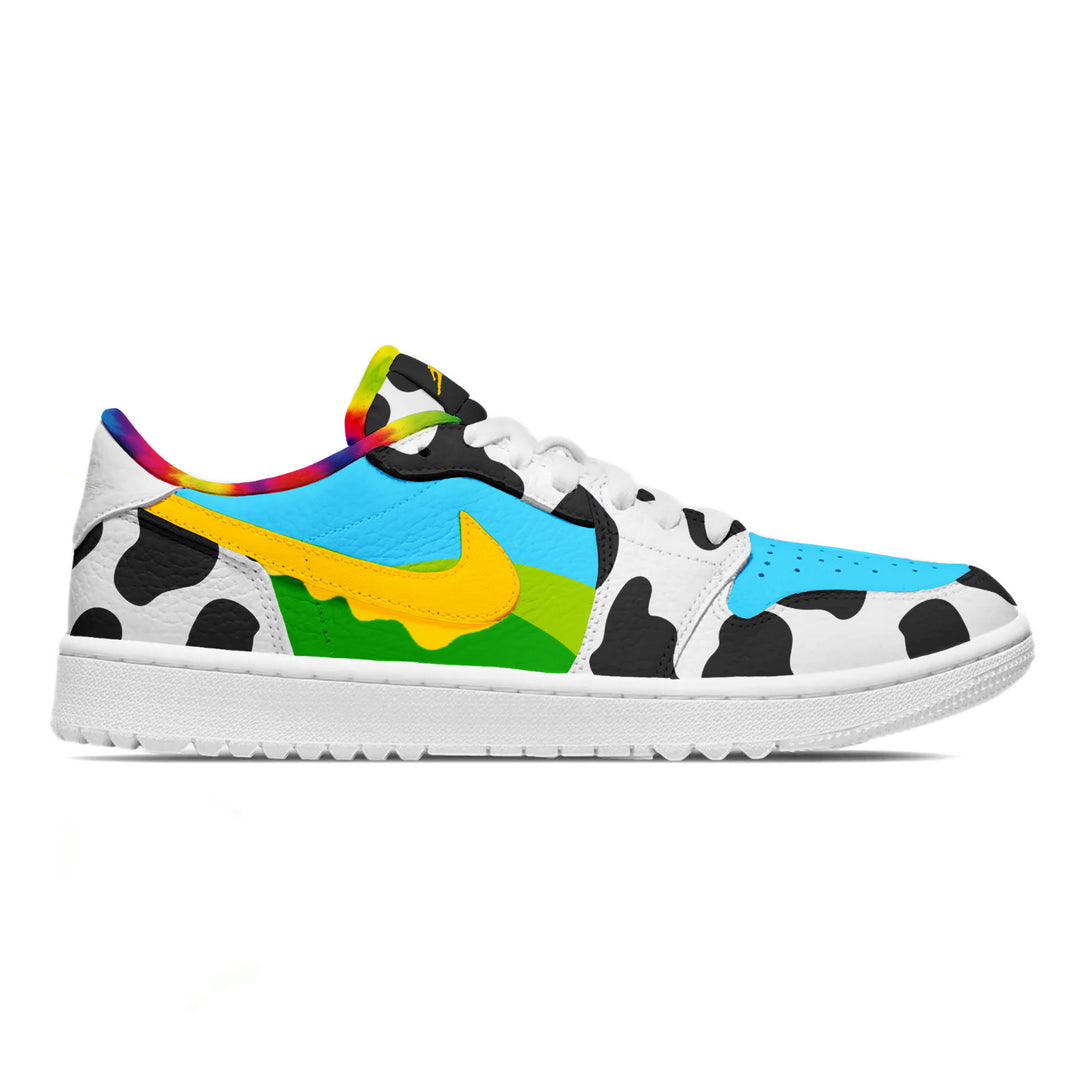 Custom Jordan 1 Low golf shoes with Chunky Dunky-inspired cow print, rainbow tie-dye heel, blue and green drip panels, and yellow Swoosh by stadium custom kicks