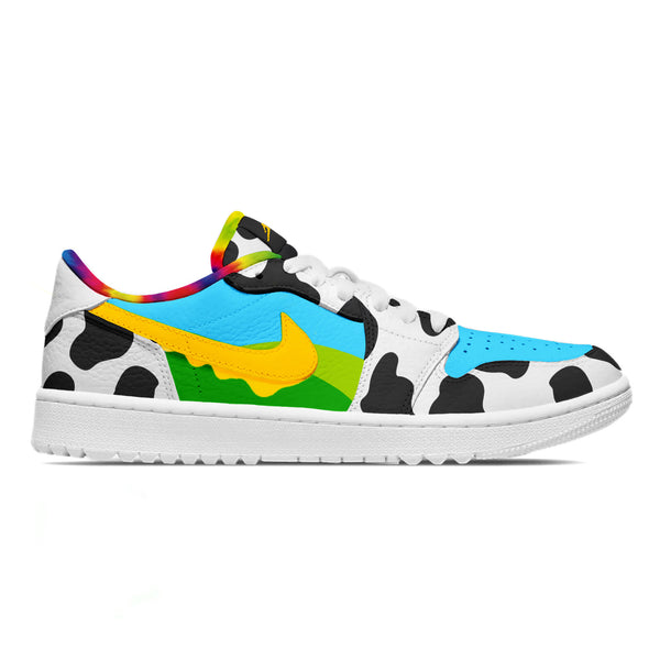 Custom Jordan 1 Low golf shoes with Chunky Dunky-inspired cow print, rainbow tie-dye heel, blue and green drip panels, and yellow Swoosh by stadium custom kicks