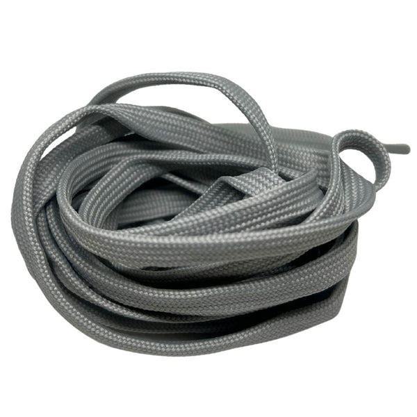 Coiled gray shoelaces on a white background.