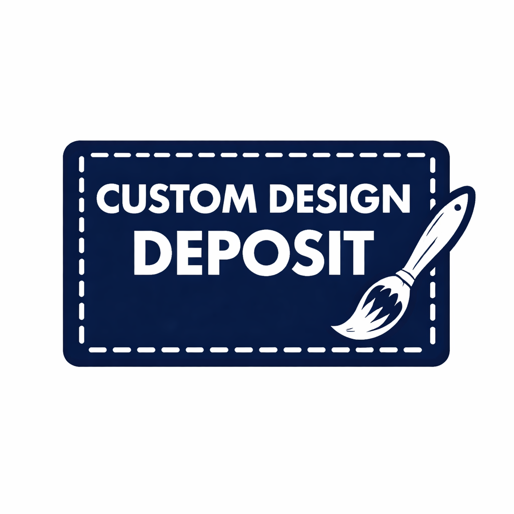 Navy blue label with 'Custom Design Deposit' text and a paintbrush icon on a white background