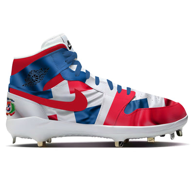 Air Jordan 1 retro baseball cleats designed with a waving Dominican Republic flag in red, white, and blue with custom metal cleats.