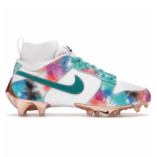 Nike Vapor Edge Dunk football cleats with tie-dye multicolor upper in teal, pink, blue and purple with rose gold plastic cleats on white background by stadium custom kicks