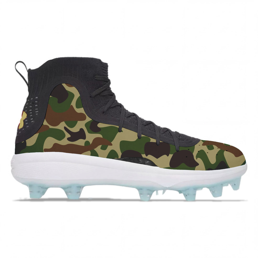 Custom Under Armour Curry 4 Mid TPU baseball cleats with woodland camo print lower, dark grey knit upper, and light blue TPU cleats by Stadium Custom Kicks