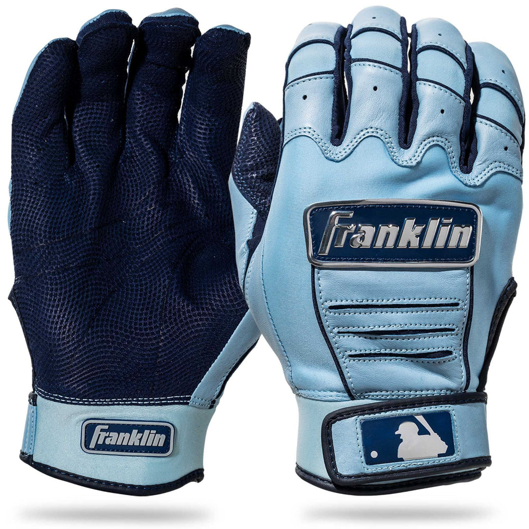 A pair of Franklin brand baseball batting gloves, showing the back of one glove and the palm of the other. The gloves feature a light blue leather back with dark navy blue mesh palms and black stitching.