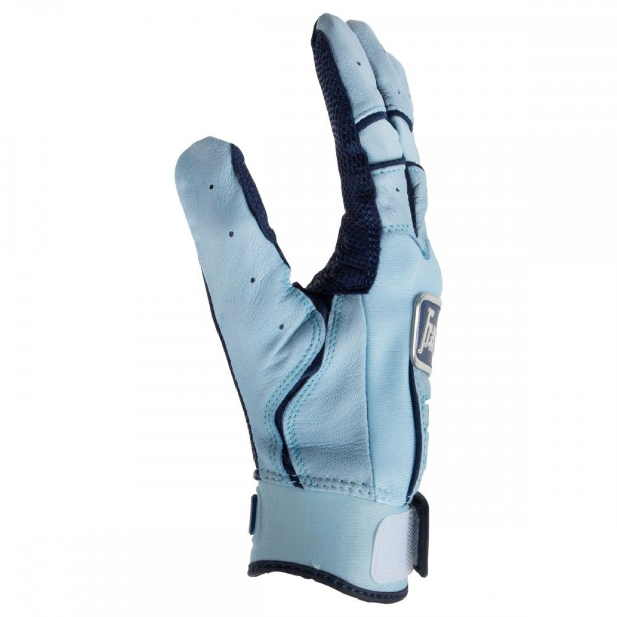 Light blue glove with black accents on a white background