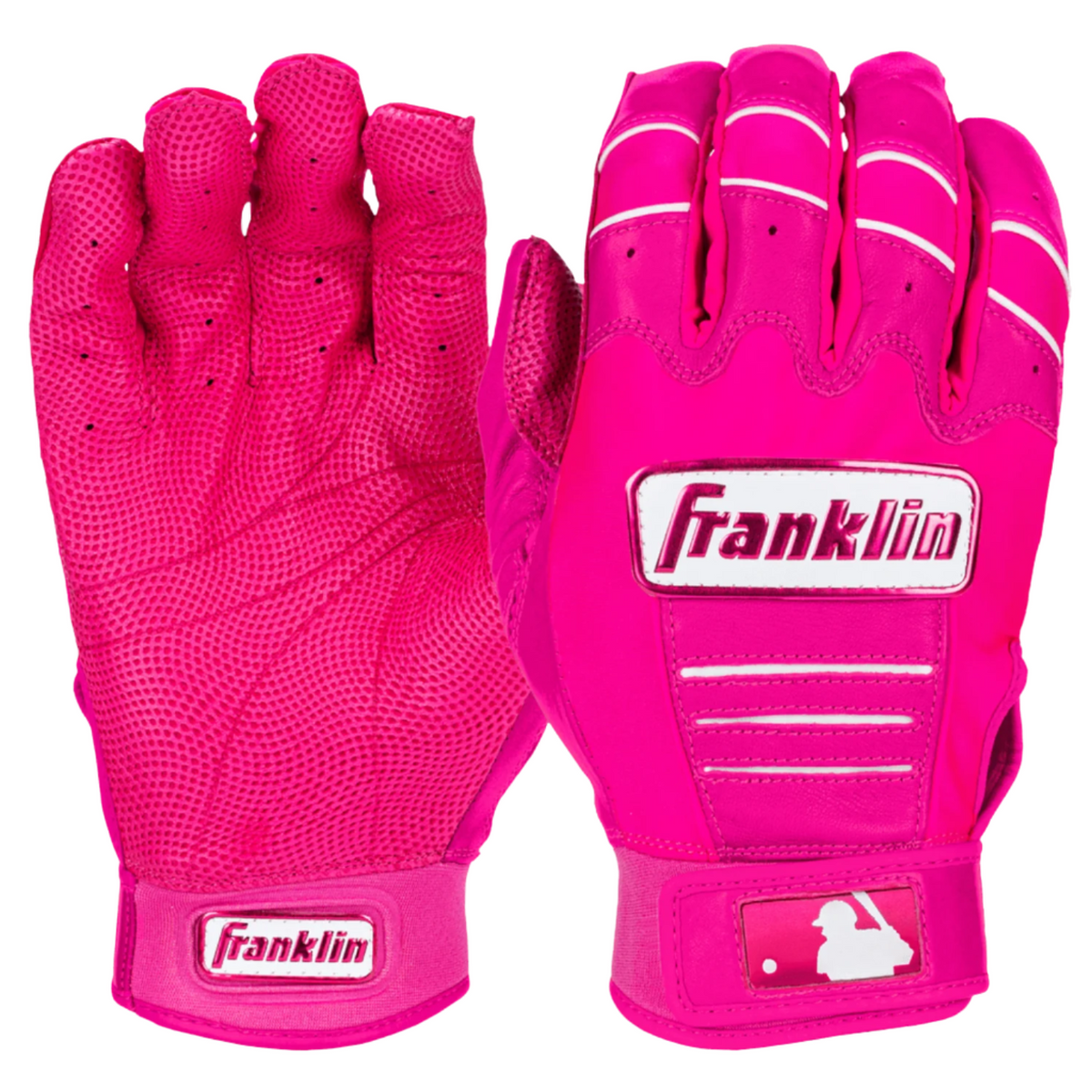 A pair of bright pink baseball batting gloves, showing both the back of one glove and the palm of the other. The gloves feature a textured mesh back, white stitched finger seams, and a white Franklin logo patch on the back of the hand and wrist strap.