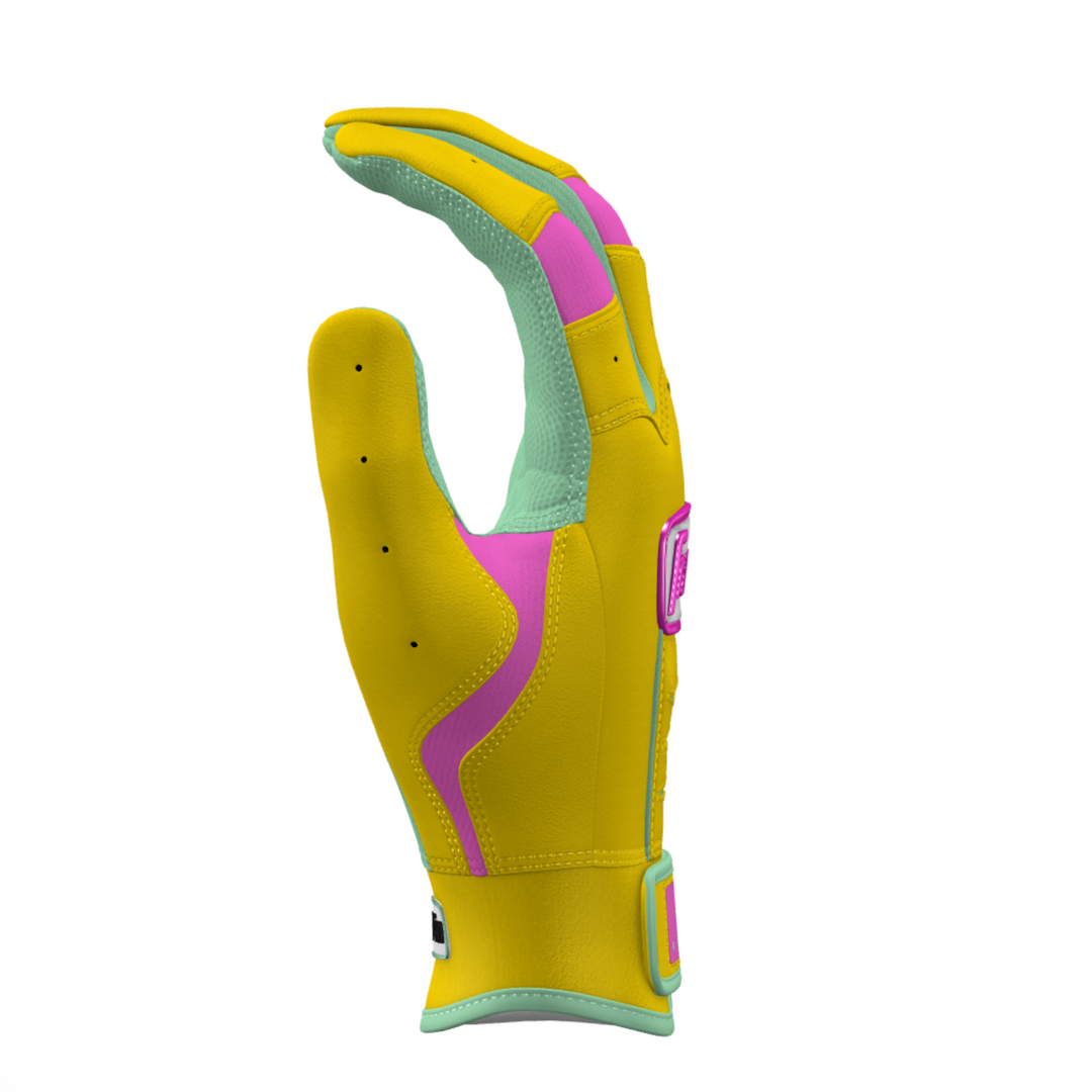Yellow glove with pink and green accents on a white background