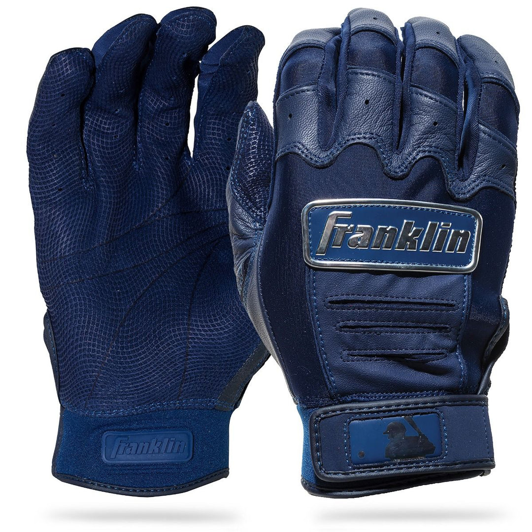 Pair of blue batting gloves with Franklin logo on a white background