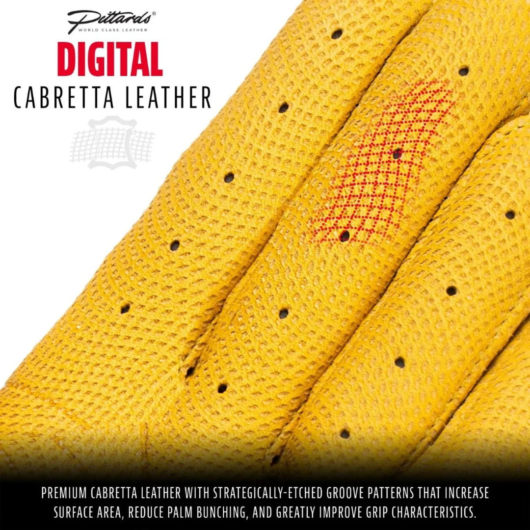 Yellow leather glove with digital cabretta leather texture, showing a close-up of the material's surface.