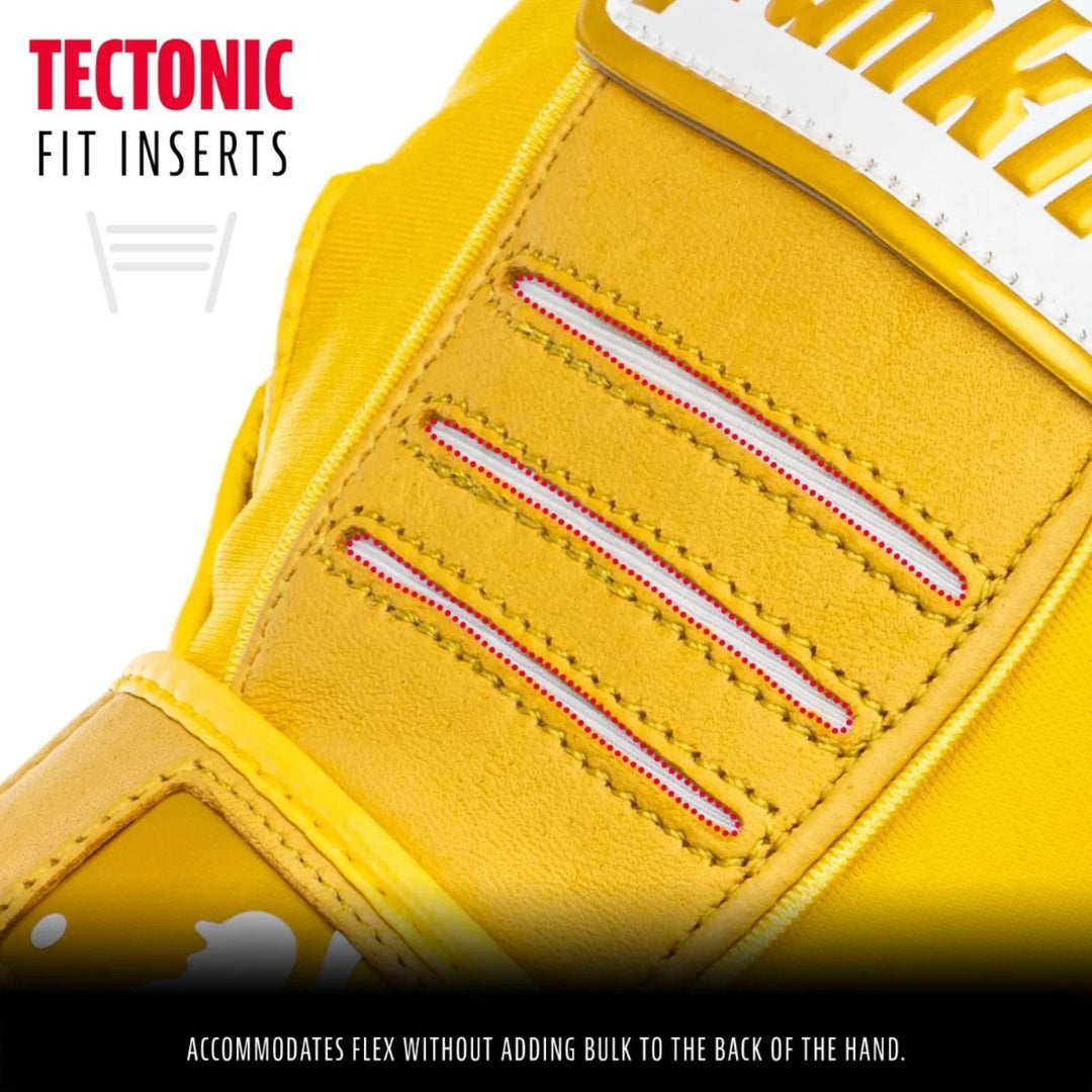 Close-up of yellow glove with Tectonic Fit Inserts branding on a white background.