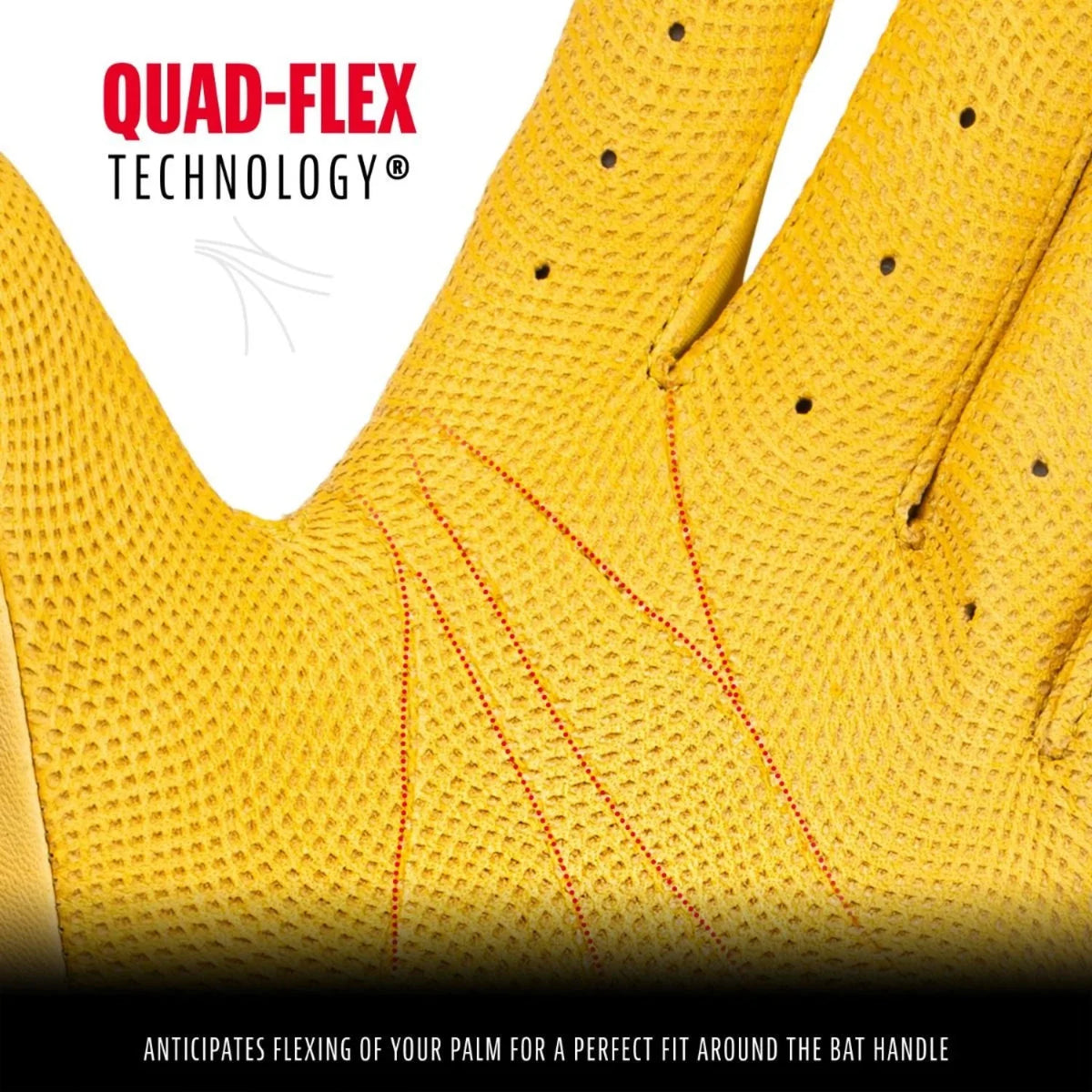 Close-up of a yellow baseball glove with Quad-Flex Technology text