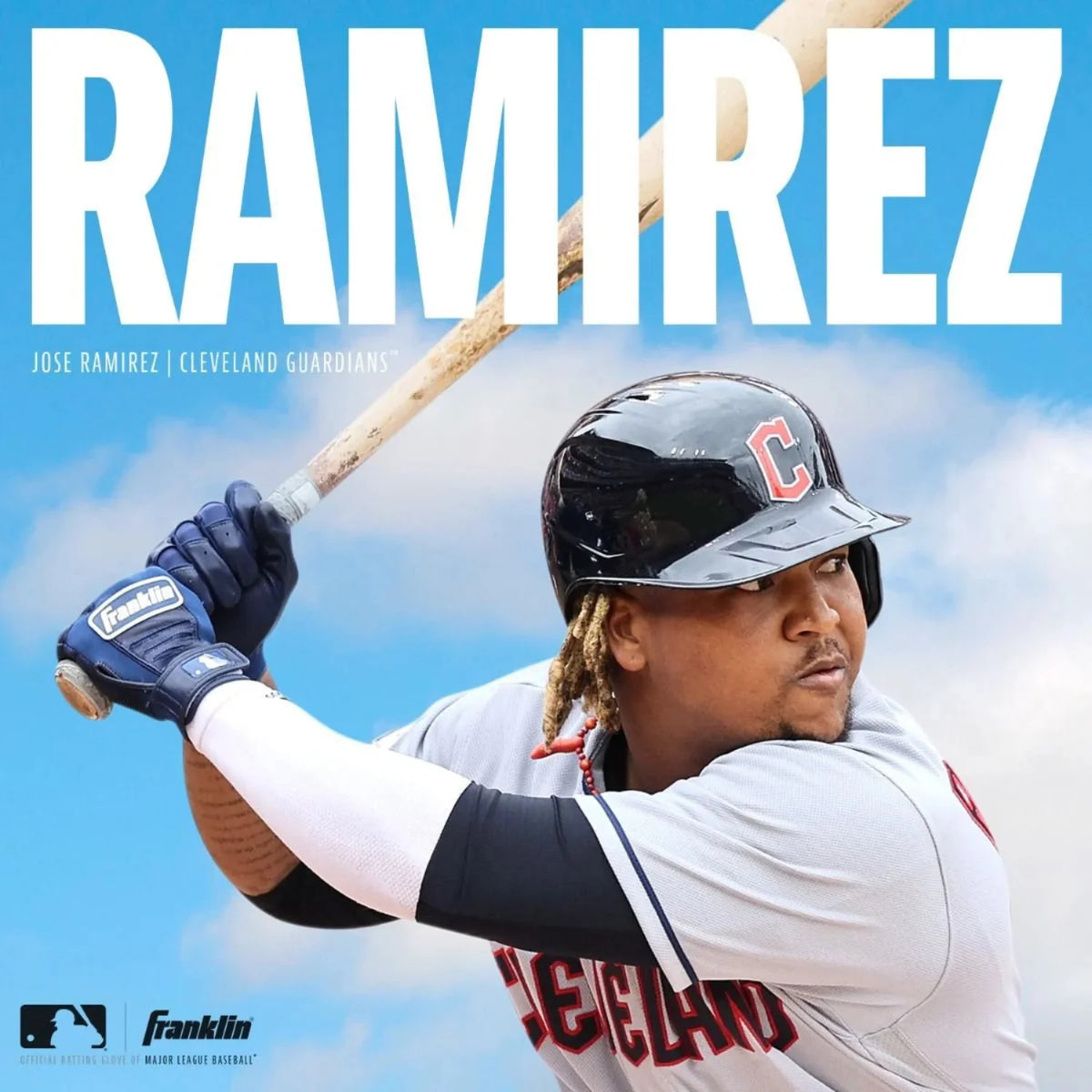 Baseball player holding a bat with 'Ramirez' and 'Cleveland Guardians' text on a blue background.