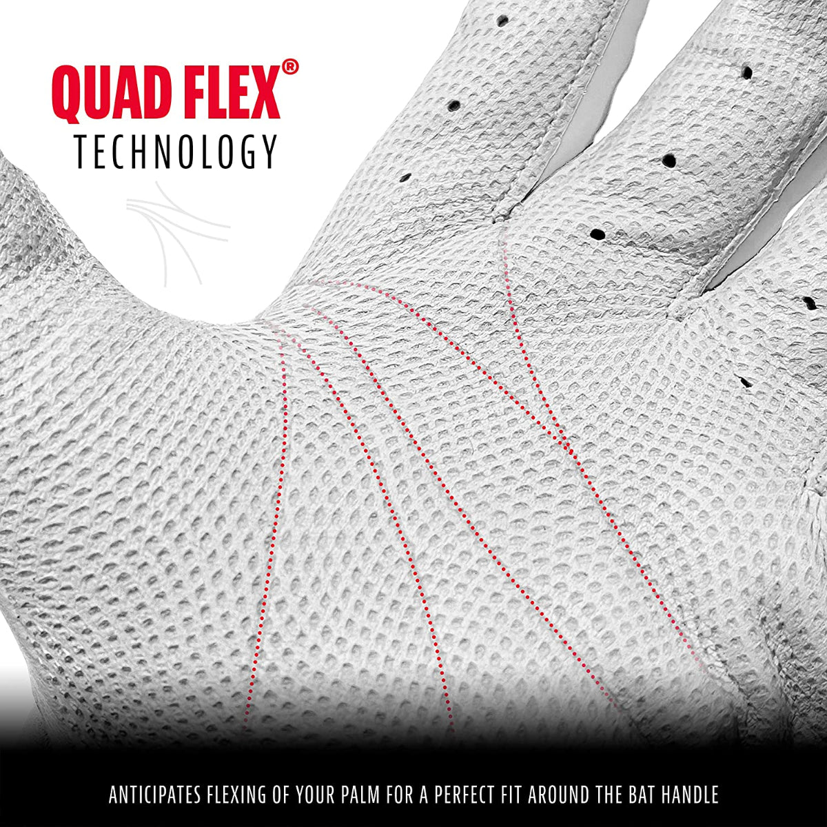 Close-up of a white glove with red stitching labeled 'Quad Flex Technology' on a white background.