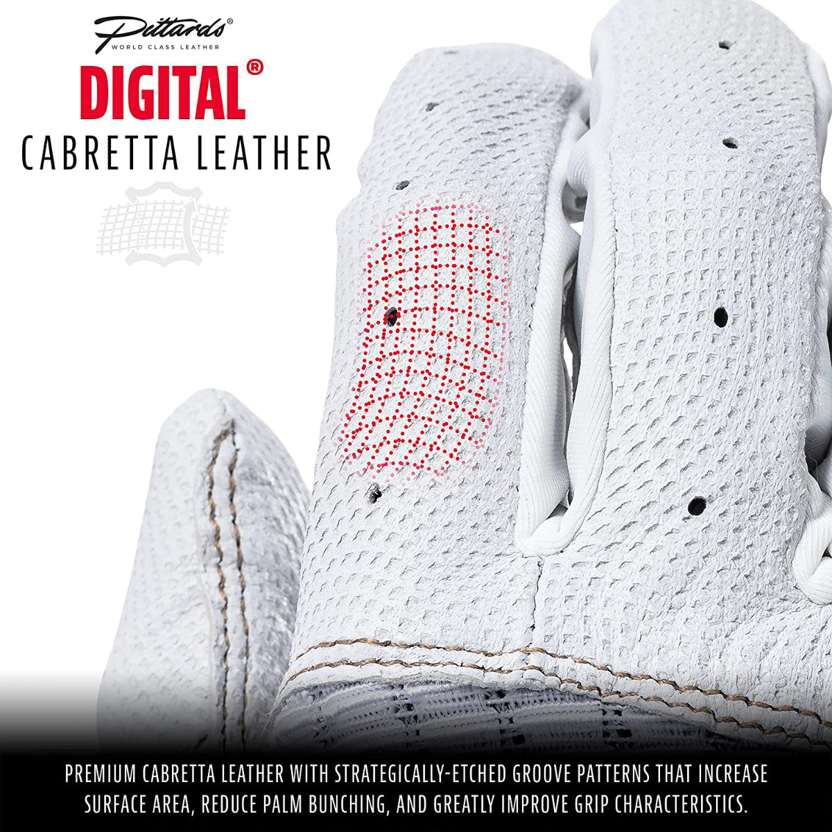 White baseball glove with digital Cabretta leather and Pittards branding.