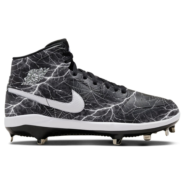 Haunted Hurricane Jordan 1 baseball cleats in black featuring detailed spider webs and striking lightning bolt graphics throughout the design by stadium custom kicks.