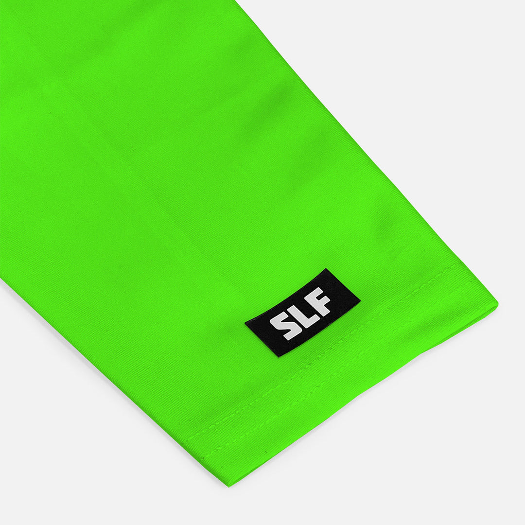 Neon green arm sleeve with a black logo on a white background