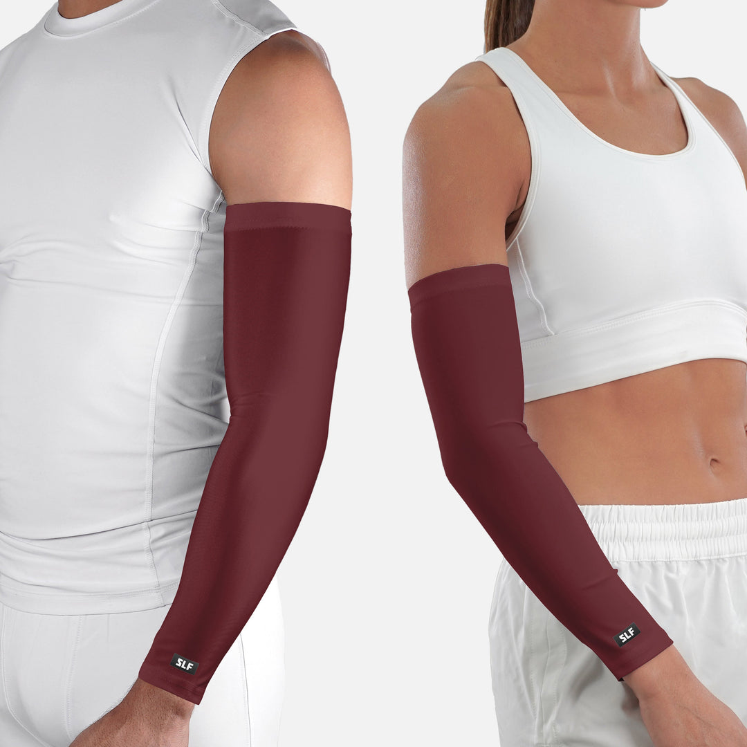 Maroon arm sleeves worn by a person and a woman on a white background