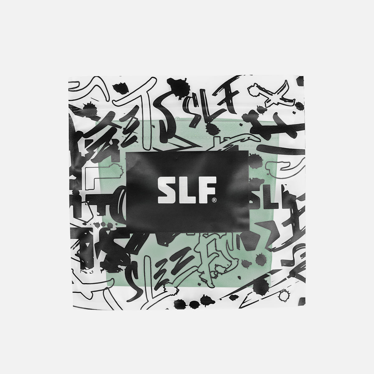 Product packaging with 'SLF' branding and abstract black and white graphics on a light green background