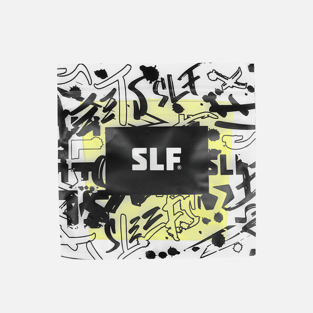 Product packaging with 'SLF' branding and abstract design on a light gray background