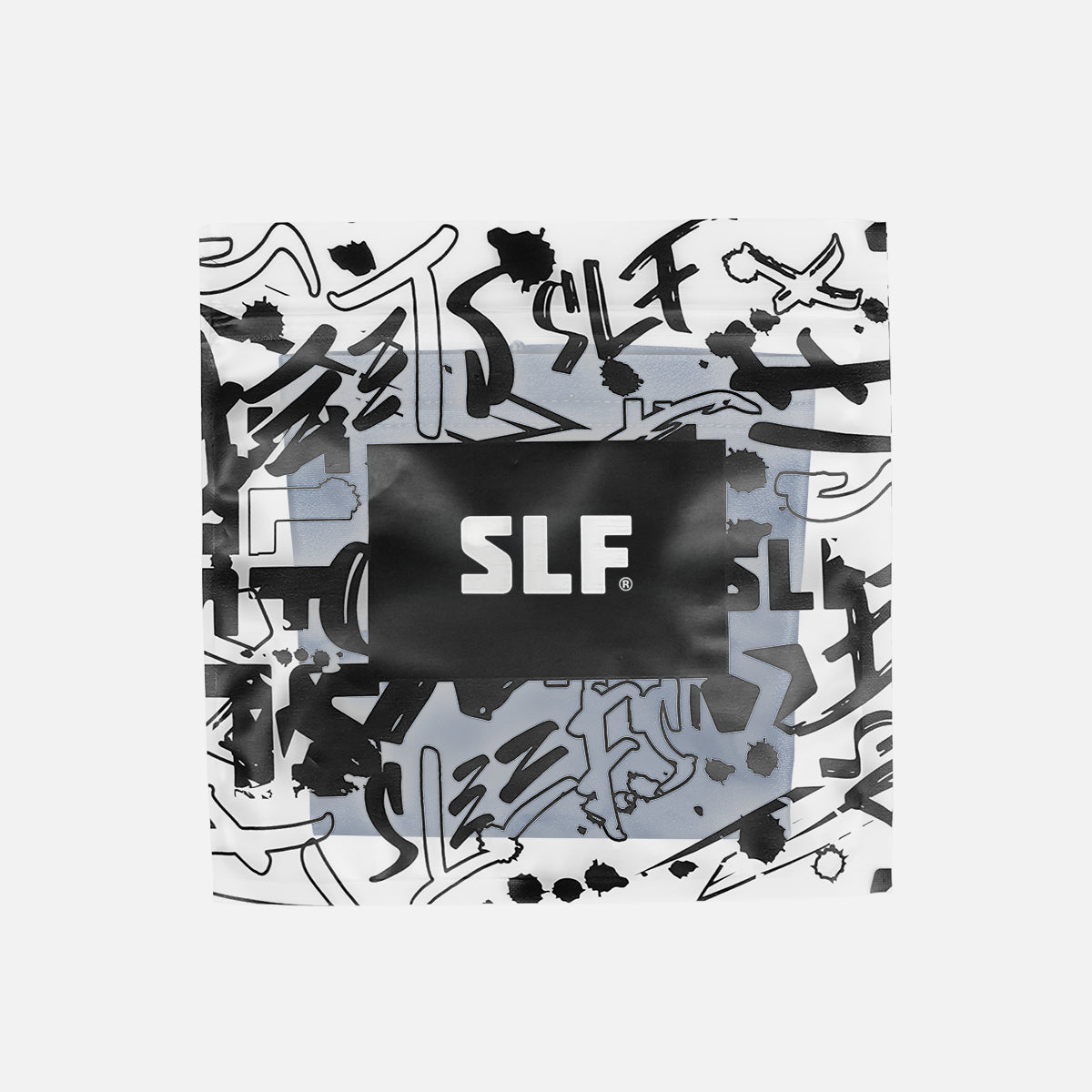 Product packaging with 'SLF' branding and abstract black and white design
