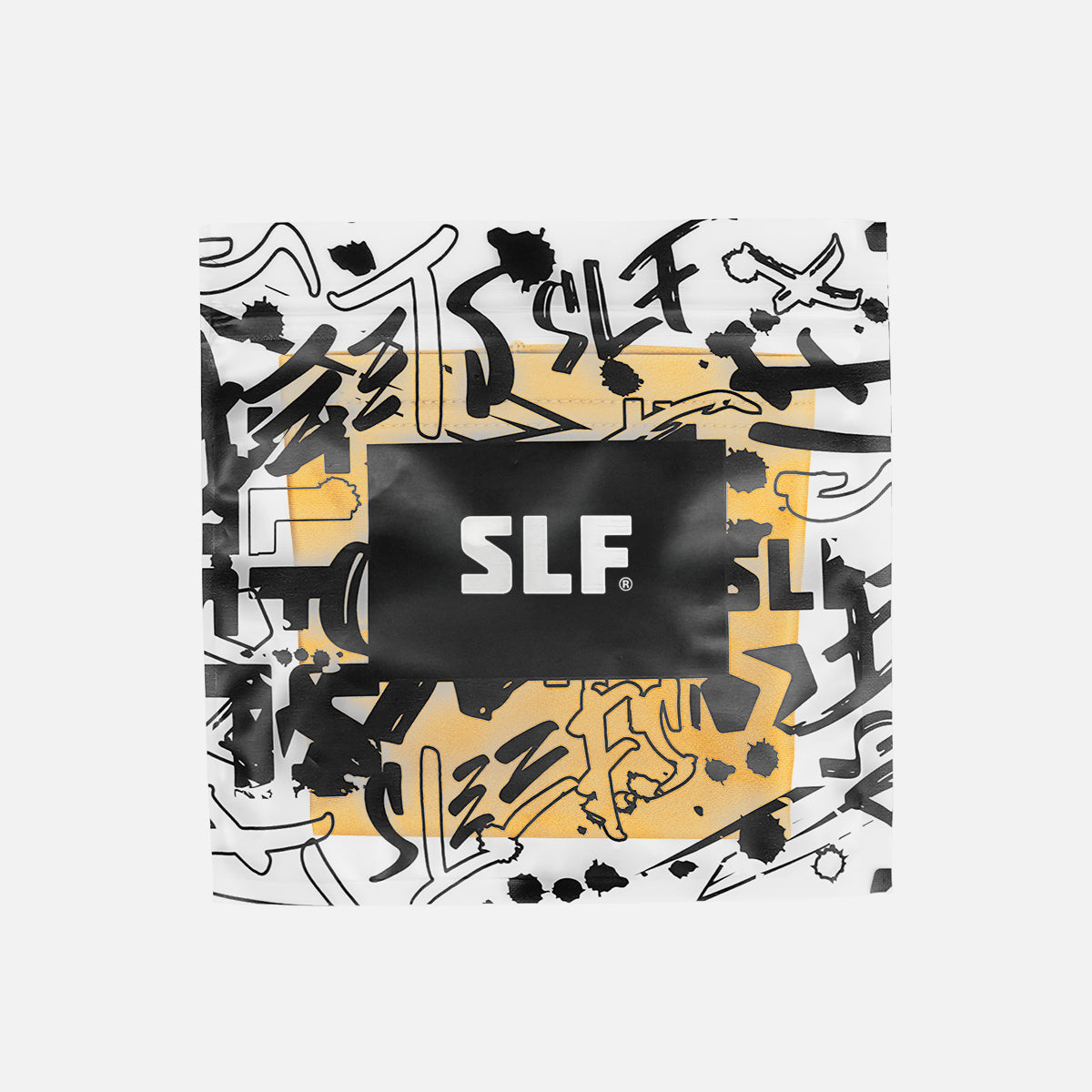 Product packaging with black and white abstract design and 'SLF' branding on a light gray background