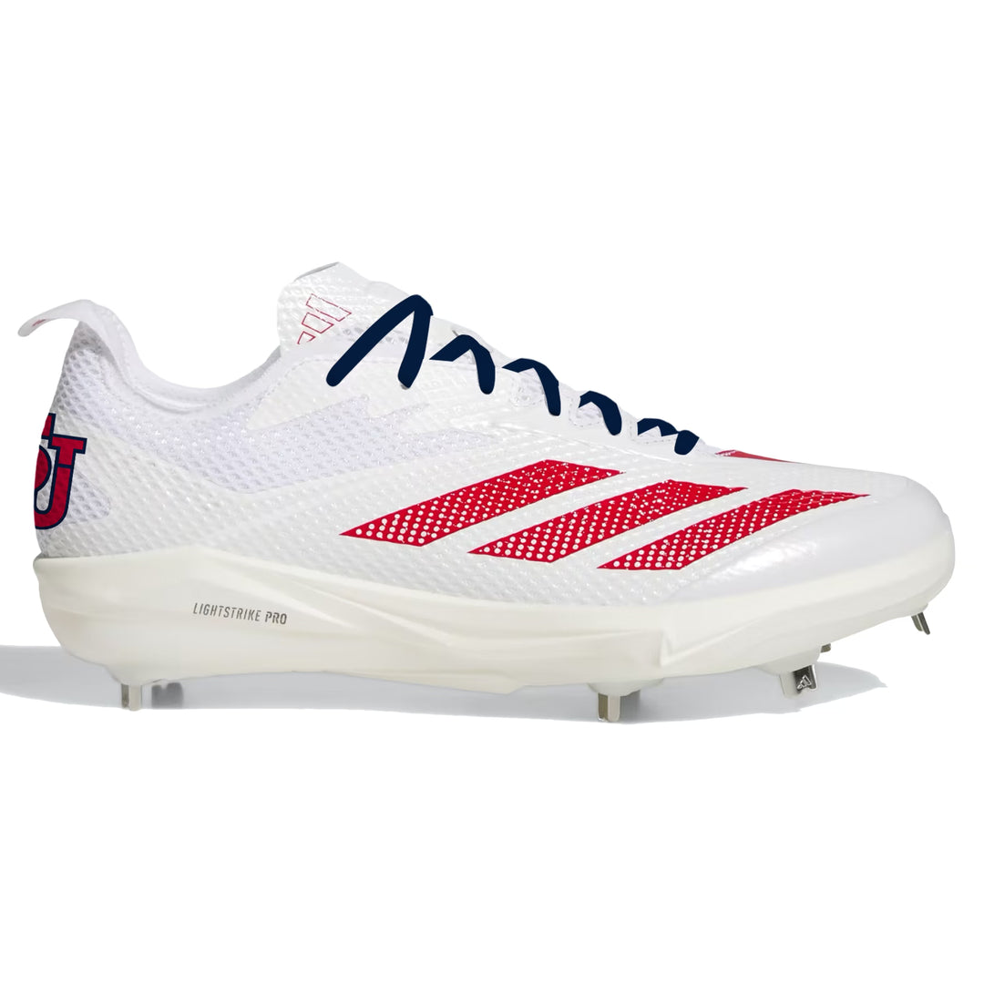 White low top baseball cleats with red and blue accents on a white background by stadium custom kicks.