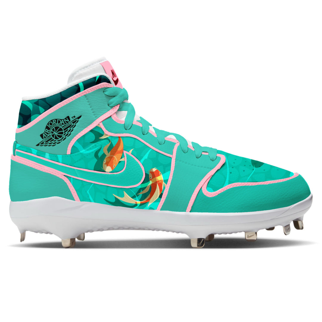 Custom teal Jordan 1 Retro mid baseball cleats with pink trim, koi fish graphic on Swoosh, and geometric water pattern by Stadium Custom Kicks
