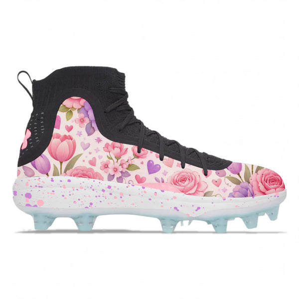 Under Armour Curry 4 Mid TPU football cleats with pink and purple floral and heart print upper, black knit sock collar, speckled white midsole, and light blue plastic cleats on white background by Stadium Custom Kicks
