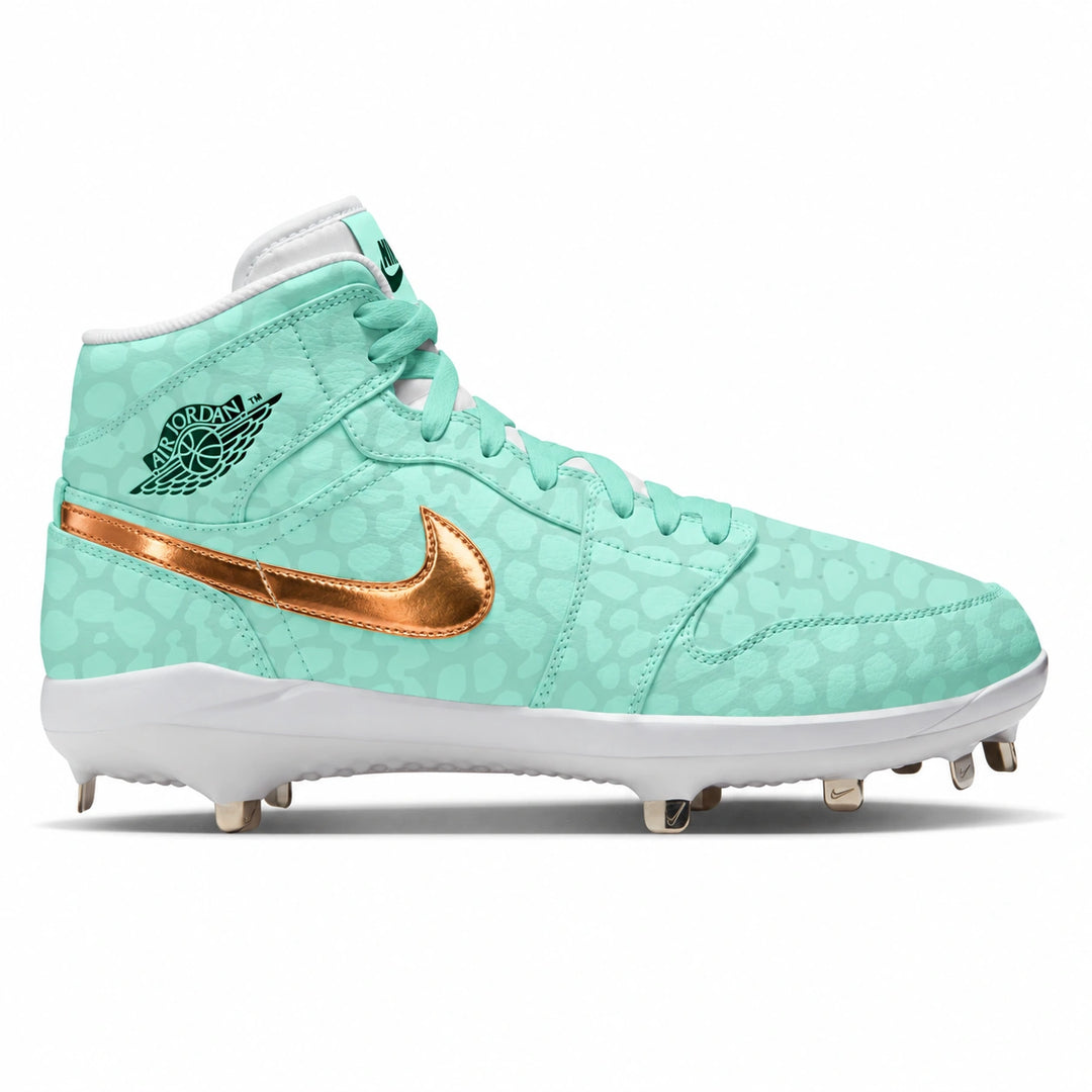 Mint green Jordan 1 baseball cleat with tonal pattern, metallic copper Swoosh, matching mint laces, and white sole.