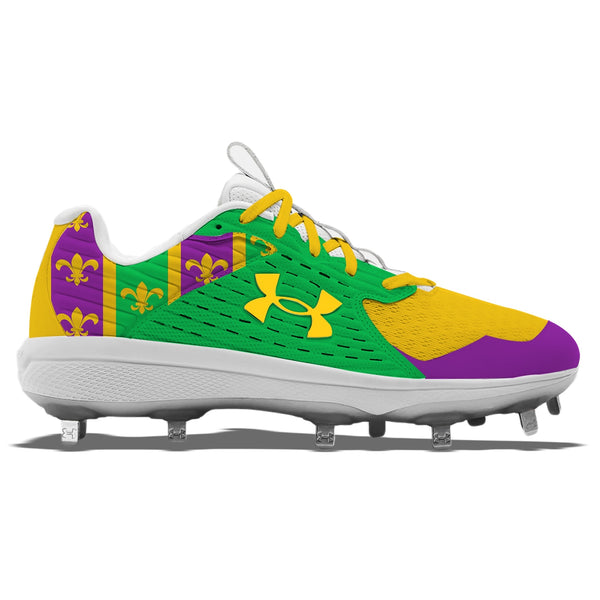Mardi Gras Under Armour Yard MT baseball cleats in green, purple, and gold with fleur-de-lis pattern and yellow laces by stadium custom kicks.
