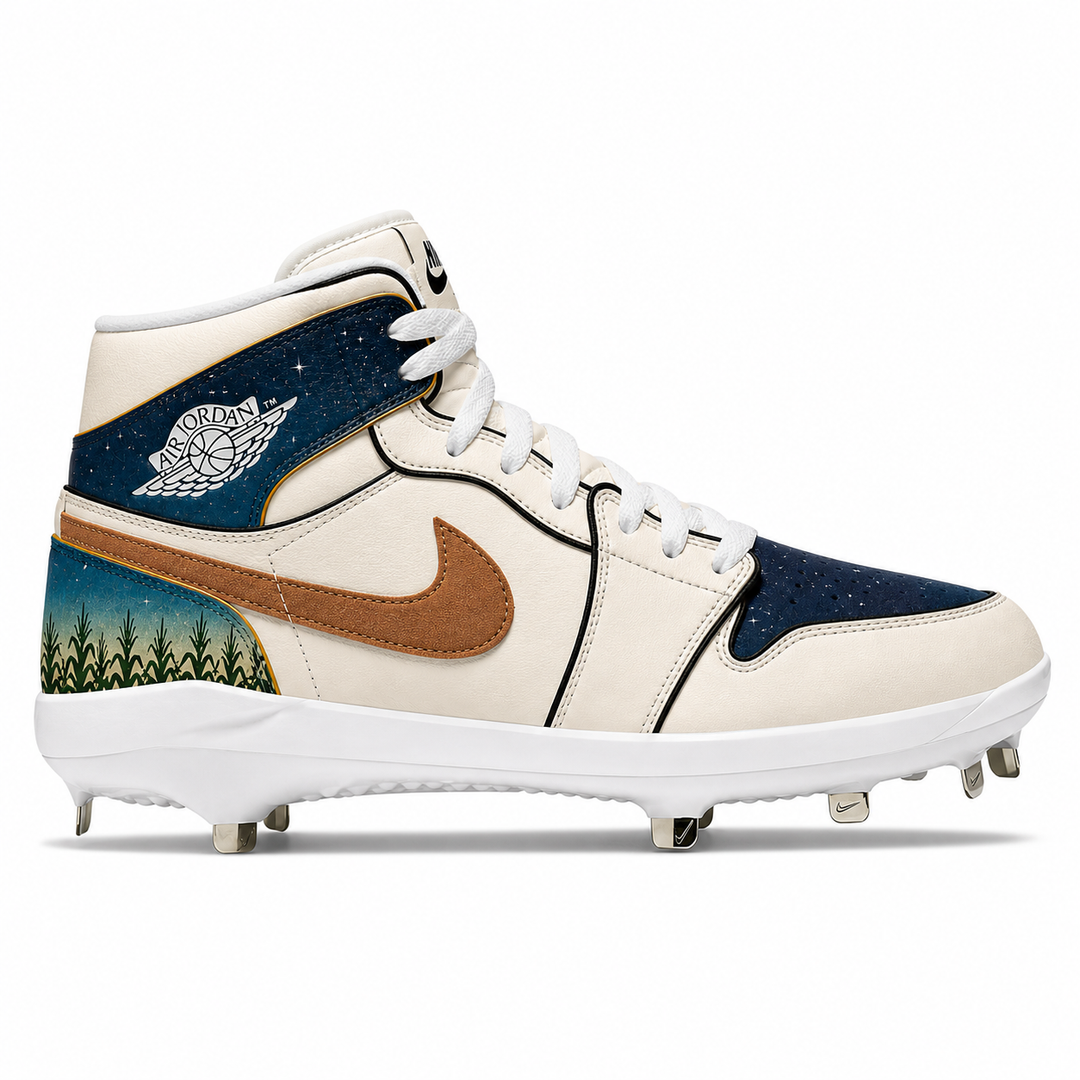 Baseball cleat with nature-themed design on a white background