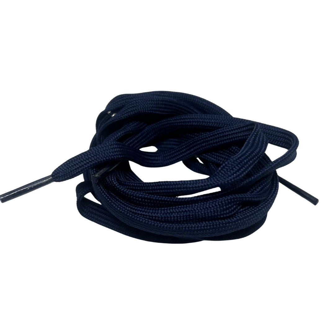 Coiled navy blue shoelaces on a white background.