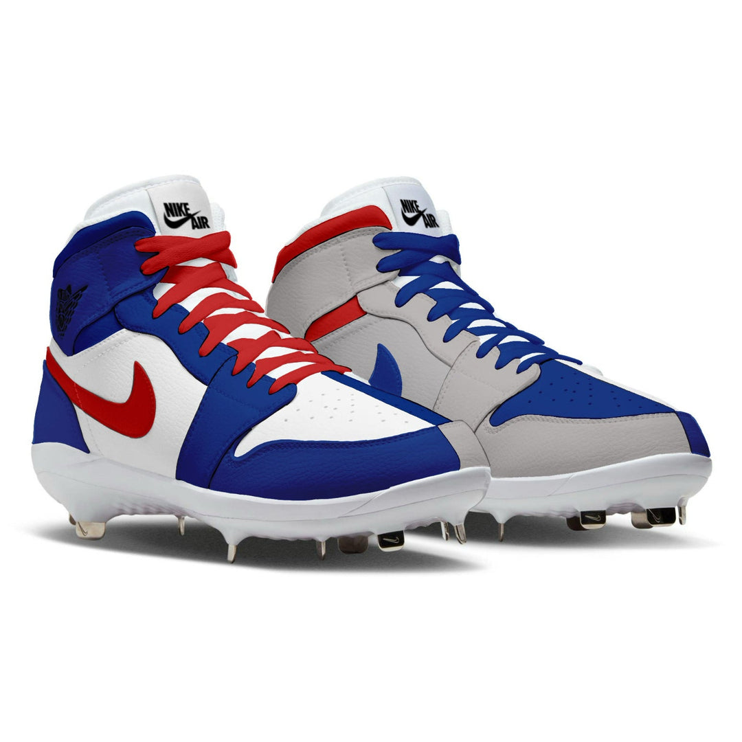 Pair of high-top cleats with red, white, and blue design on a white background