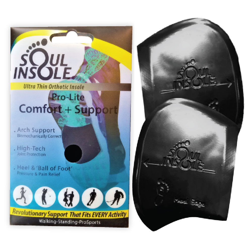 Black orthotic insole with packaging labeled 'Soul Insole' on a white background