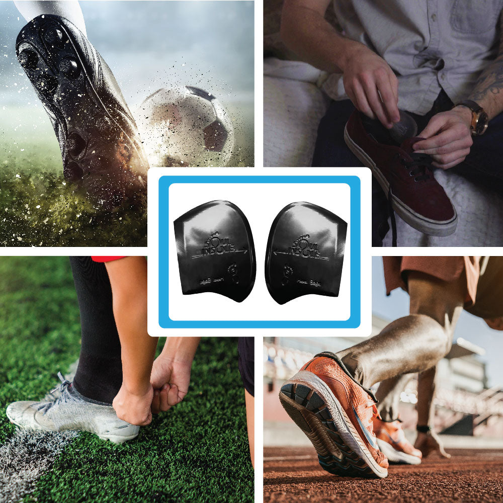 Collage of people wearing shoes and a close-up of black shoe inserts.