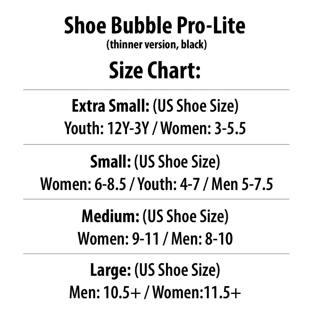 Size chart for Shoe Bubble Pro-Lite in black on a white background