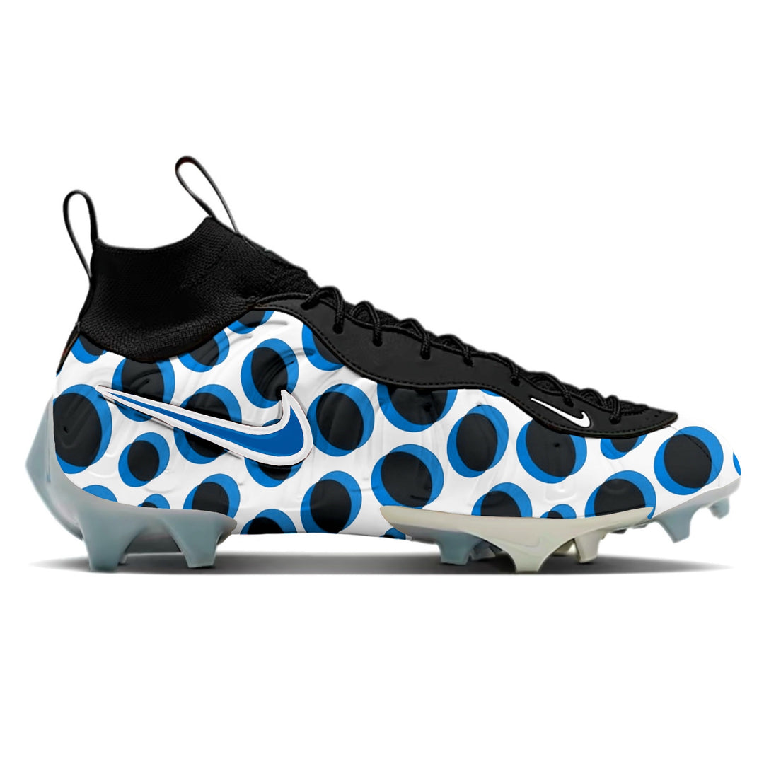 Nike Vaporposite Pro football cleats with 3D blue and black molded shell, black knit collar and laces, black swoosh, and translucent studs.