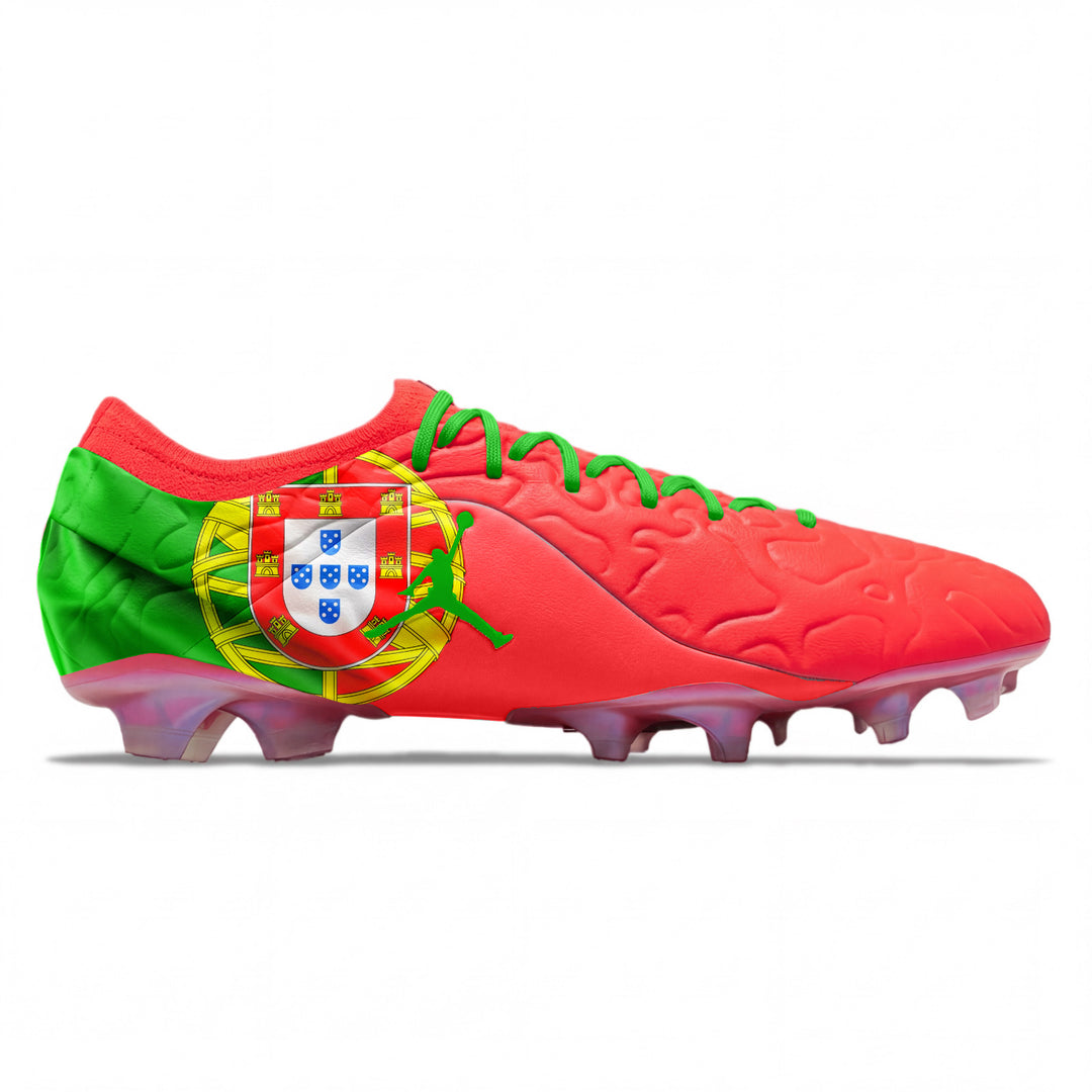 Custom Jordan Tiempo Maestro Elite SE FG soccer cleats in red and green with Portugal flag crest and Jumpman logo on side panel by Stadium Custom Kicks